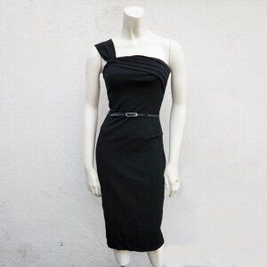 Black Halo One Shoulder Belted Sheath Dress